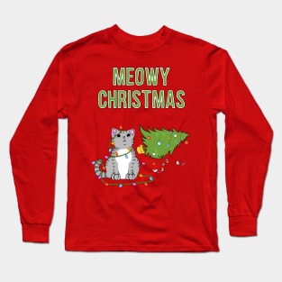 Meowy Christmas Gray Tabby Cat Knocked Over Xmas Tree Long Sleeve T-Shirt